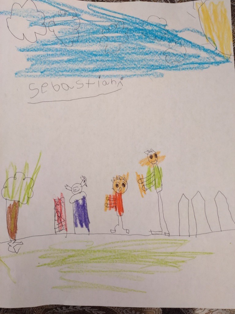 Childs drawing of clouds, a tree, a chicken, a child, and an adult