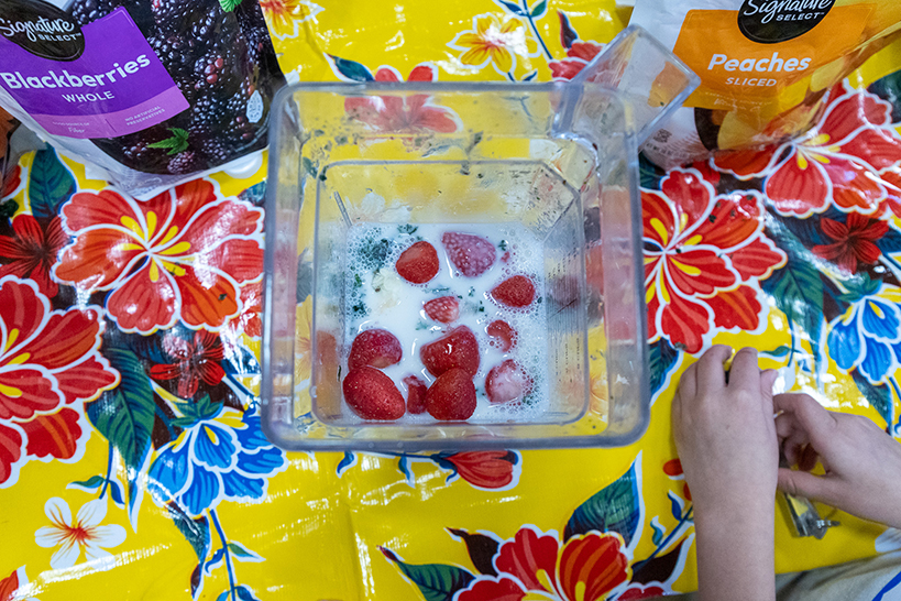 Top view of a blender filled with milk and frozen berries