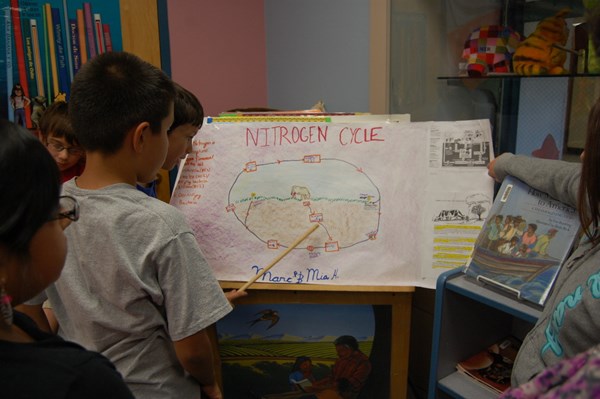 Students presenting a project board titled "Nitrogen Cycle"
